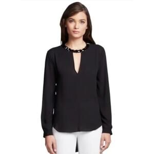 BCBGMaxAzria Women’s XS Black Frances Jewelneck Long Sleeve Blouse